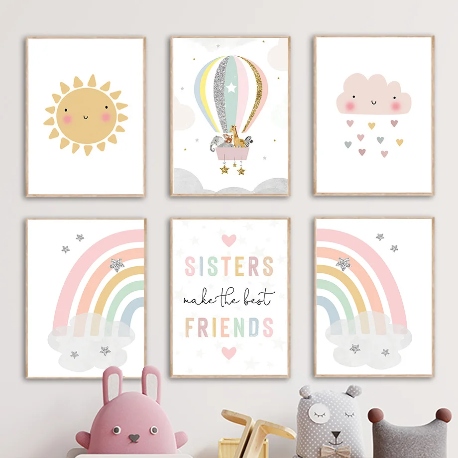 Baby Nursery Decor Girl - Żyrafa Słoń Balon Słońce Tęcza Plakaty