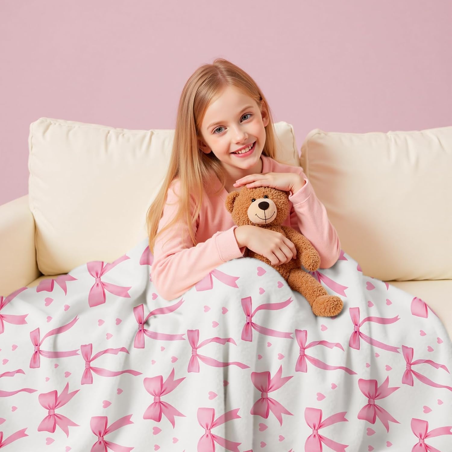 Koc VIKAMA z różową kokardą, m – Baby Nursery Decor Girl recenzja i cena